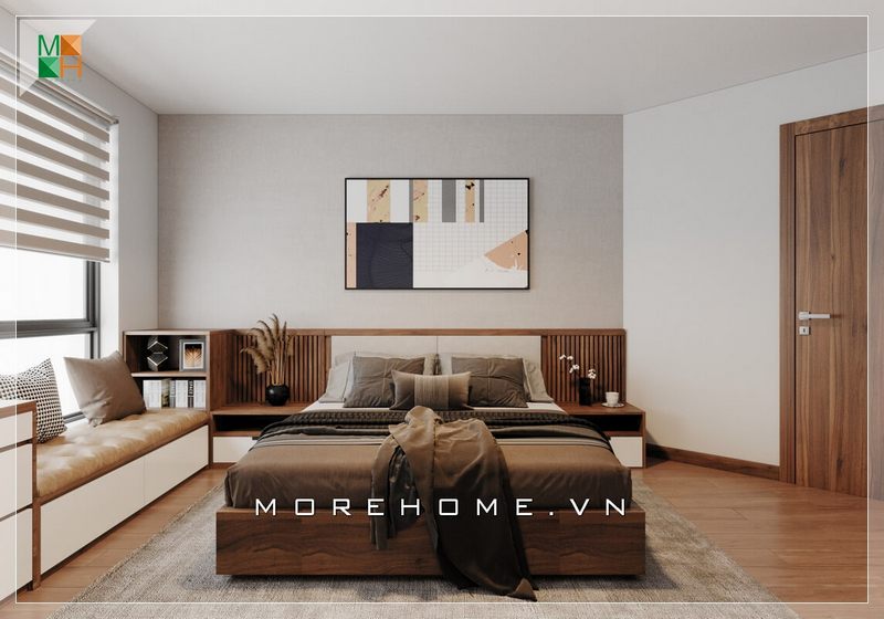 Mẫu thiết kế phòng ngủ hiện đại với sự kết hợp của nội thất gỗ tự nhiên và gỗ công nghiệp để phù hợp với các căn hộ, nhà phố và biệt thự.