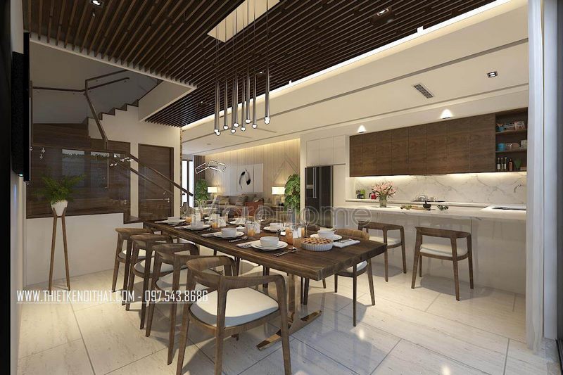 Mẫu bàn ghế ăn từ gỗ tự nhiên cao cấp với thiết kế hình chữ nhật dài dàng mang lại sự sang trọng cho nhà phố biệt thự.