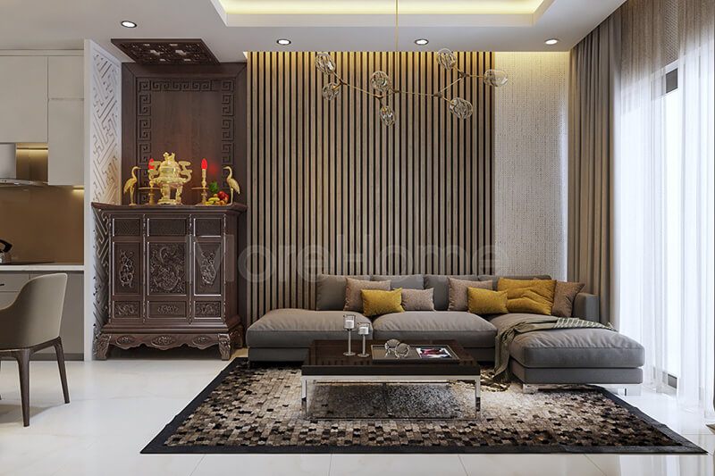 Mẫu tủ thờ hiện đại với màu nâu sáng và kiểu dáng nhỏ gọn sẽ giúp giảm thiểu diện tích không gian trong phòng khách của chung cư.