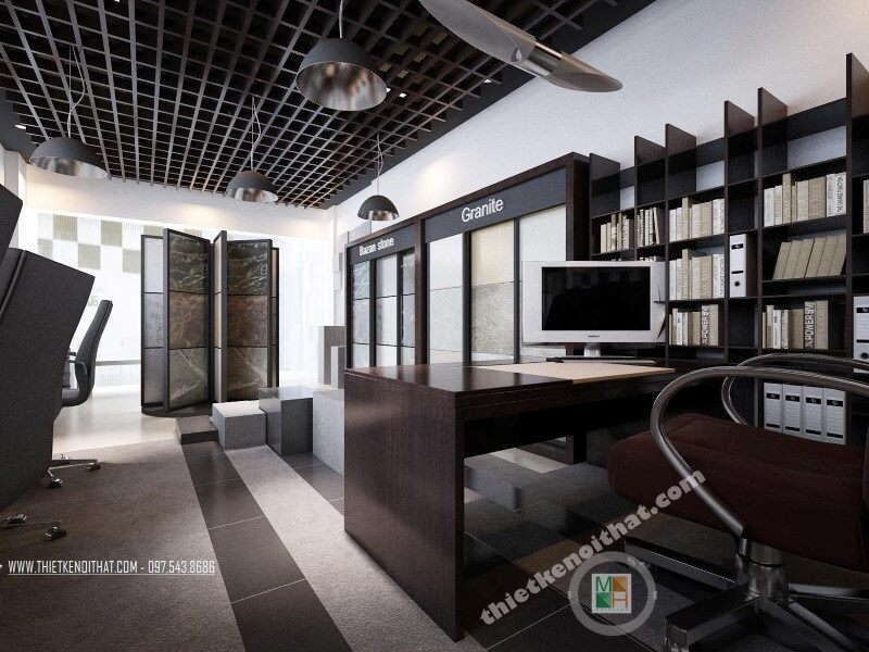 Không gian làm việc chuyên nghiệp được tạo ra bởi mẫu thiết kế văn phòng showroom đá tự nhiên đẹp kết hợp với đồ nội thất gỗ công nghiệp.