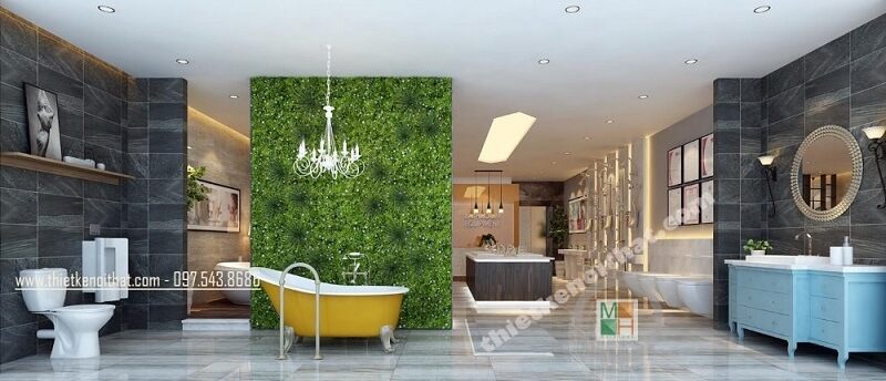 Showroom thiết bị vệ sinh hiện đại được thiết kế với 2 bức tượng ốp gạch màu xám nổi bật và gương trang trí, tạo nên không gian sống động.