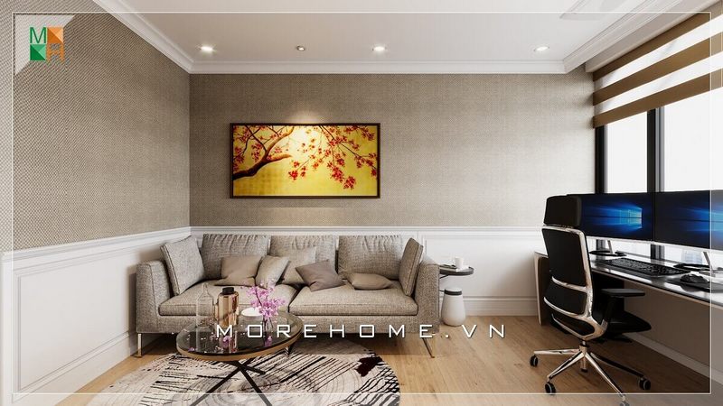 Giấy dán tường có màu xám đơn sắc làm cho không gian trở nên cao cấp và thanh lịch.